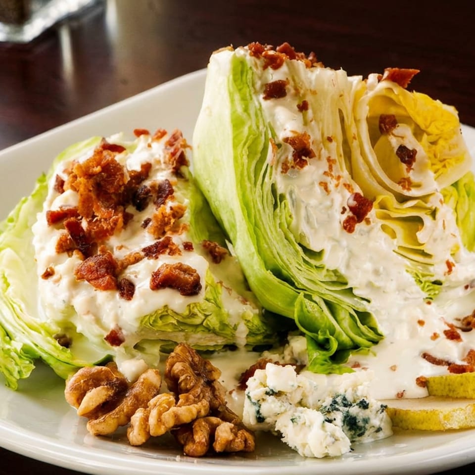 Wedge salad with creamy dressing, bacon crumbles, blue cheese, walnuts, and pear slices on a white plate.