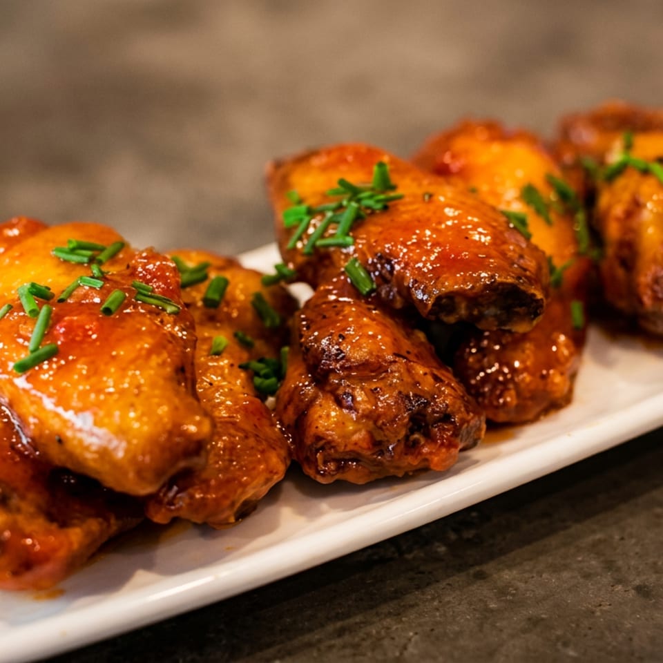 Glazed chicken wings topped with chopped chives, arranged on a long white platter.