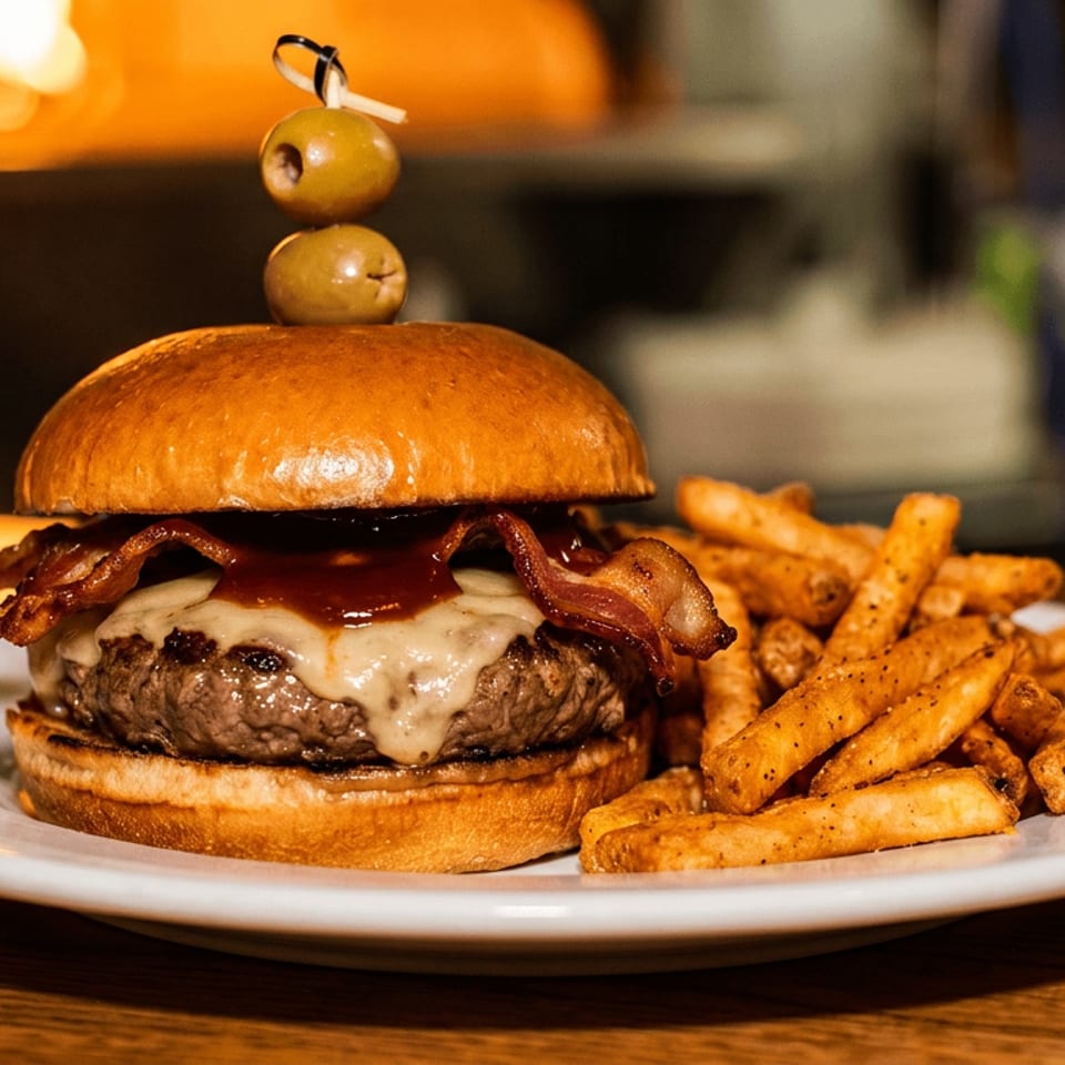 Cheeseburger with bacon, barbecue sauce, and olive garnish served alongside seasoned fries on a white plate.
