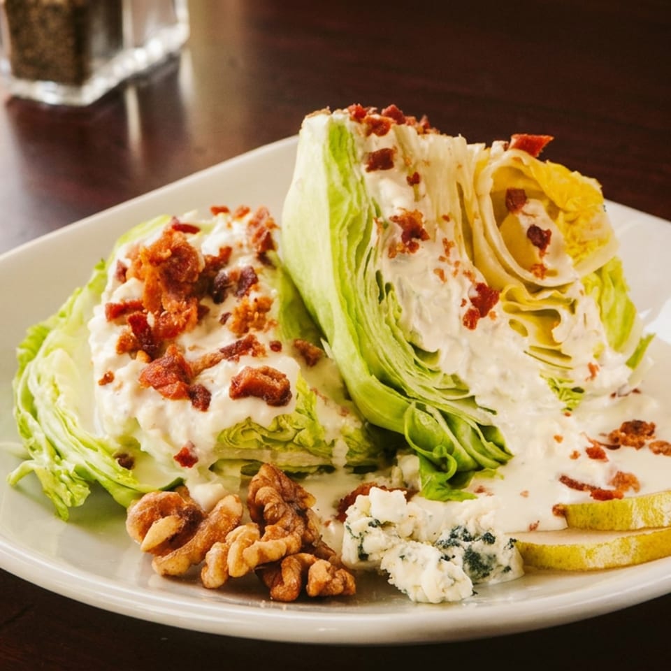 Wedge salad with creamy dressing, bacon, blue cheese, walnuts, and pear slices on a white plate.