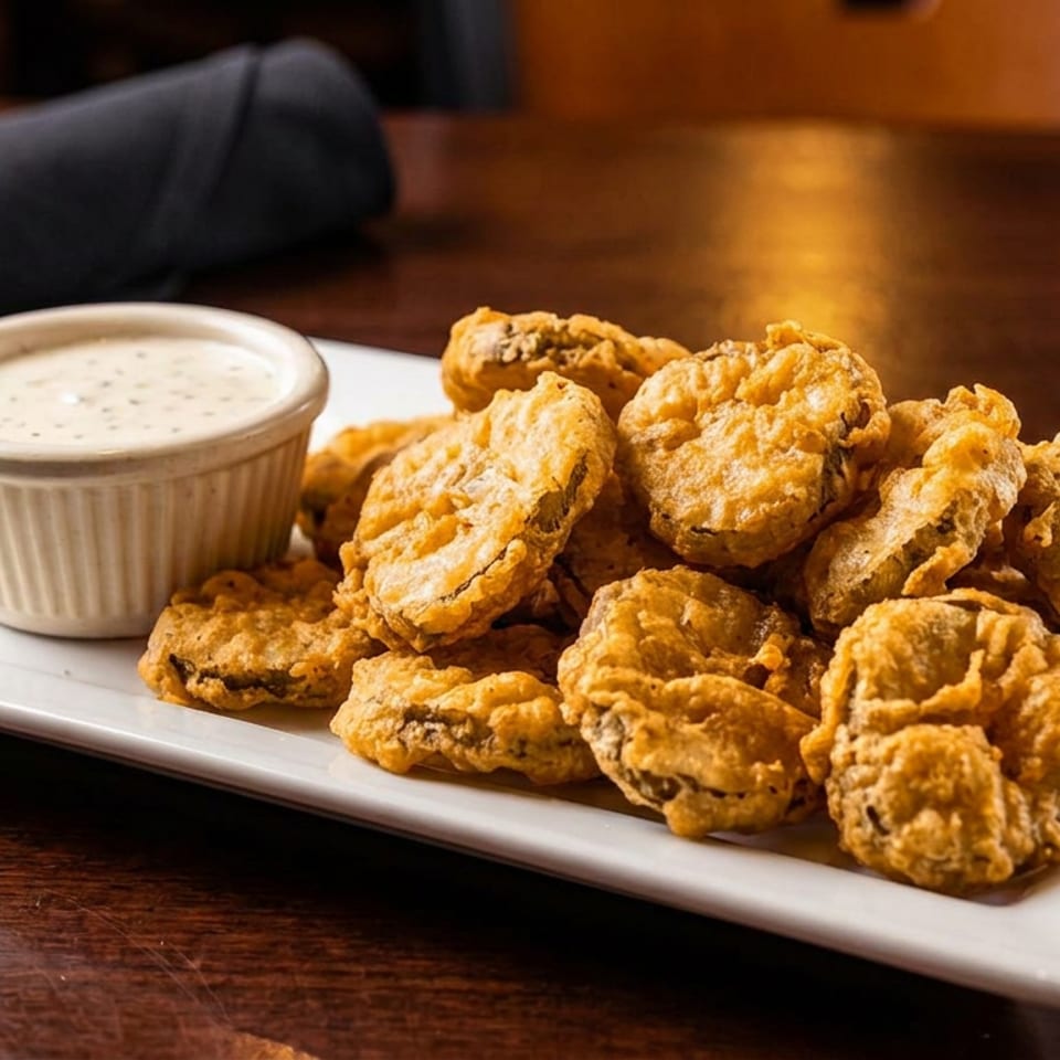 Golden fried pickles piled on a white rectangular plate with a cup of creamy dipping sauce on a wooden restaurant table.