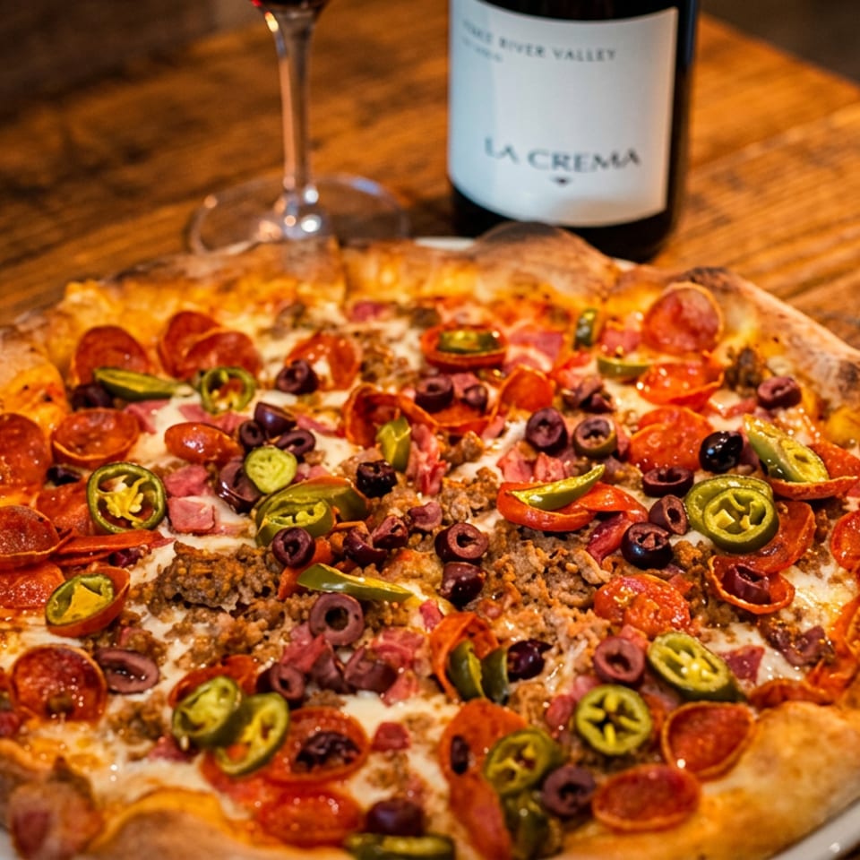 Loaded pepperoni pizza topped with sausage, ham, olives, jalapeños, and peppers on a wooden table beside wine.
